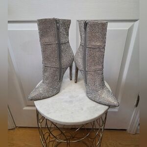 Steve Madden Winona Rhinestone Mid Calf Stiletto Boots Silver 6.5